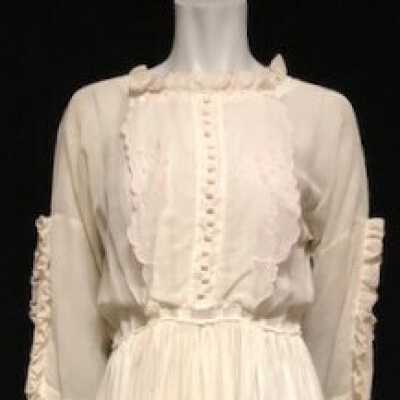 White full length voile dress with pink embroidered flowers, c. 1917