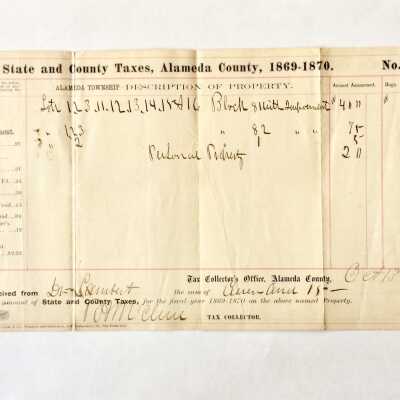 Receipt payment of taxes for property at Encinal and High, 1869-1870