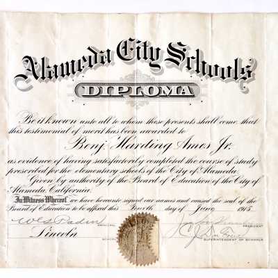 Diploma Lincoln School of Benjamin Harding Ames, Jr., 1915