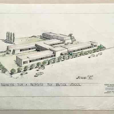 Drawing 'Perspective View of New Mastick School', late 1930s