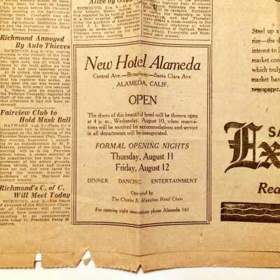 Oakland Times articles announcing opening nights Hotel Alameda, 1927