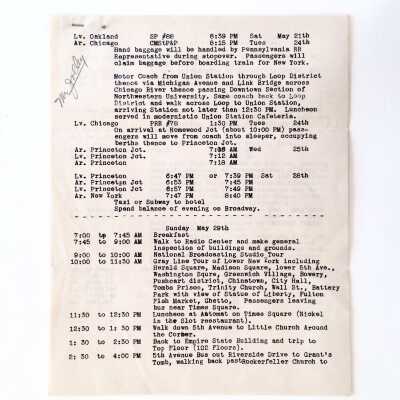Travel itinerary for Coach Jolley and student athletes, c. 1930s
