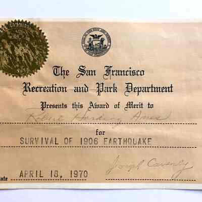 Certificate survival San Francisco Earthquake, 1970