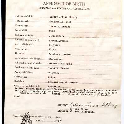 Affidavit of 1905, Sweden, birth for Gustaf Arthur Ekberg, 1942