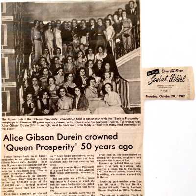 Clipping 'Alice Gibson Durein Crowned Queen Propriety 50 years ago', 1982