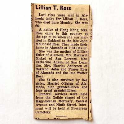 Obituary notice of Lillian T Ross McDonald,