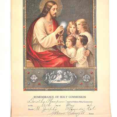 Certificate 'Remembrance of Holy Communion' awarded Dorothy Thompson, 1926
