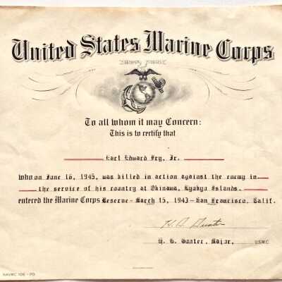 United States Marine Corps Certificate of Death for Earl Edward Fry, Jr., 1945