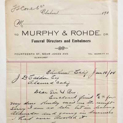Letter on stationery from Murphy and Rohde Funeral Directors and Embalmers, 1900