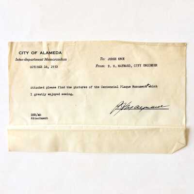 Typed memo 'City of Alameda' concerning Centennial Plaque Monuments, 1950