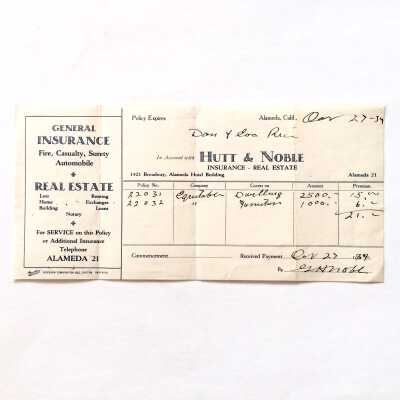 Receipt from Hutt & Noble for Insurance payment 1121 Versailles, 1934