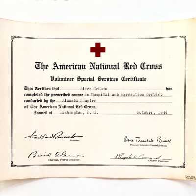 Red Cross Course Completion Certificate of Alice Mclain, 1944