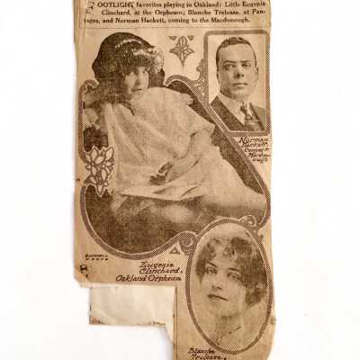 Clippings about Eugenia Clinchard at the Oakland Orpheum Theatre, c. early 1900s