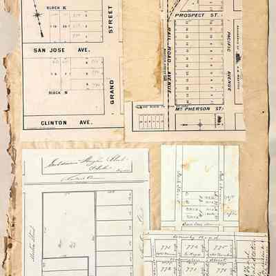 Scrapbook page with Real Estate maps and subdivision map, c. 1881
