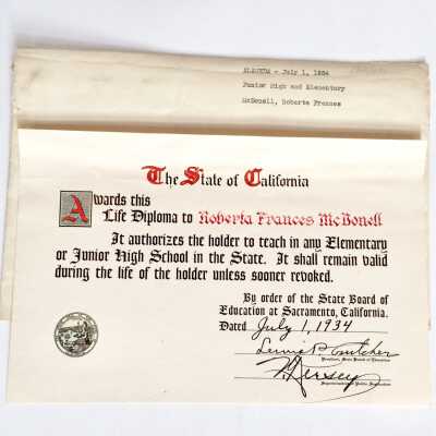 Life Teaching Diploma of Roberta Frances McDonell, 1934