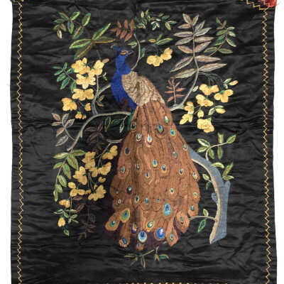 Wall banner with bird on a branch with yellow blossoms, c. 1890s