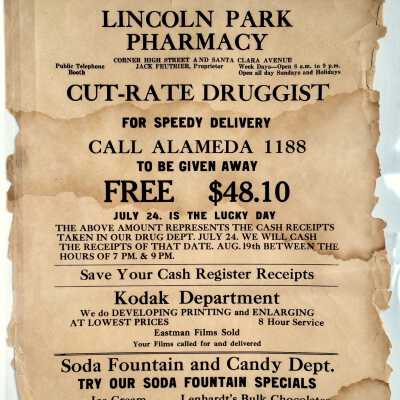 Flyer from the Lincoln Park Pharmacy about a drawing, c. early 1920s