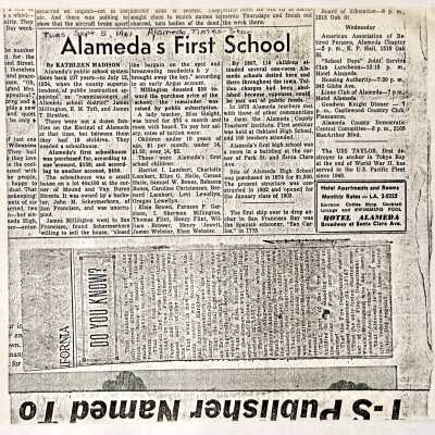 Clipping article 'Alameda's First School' by Kathleen Madison, 1961