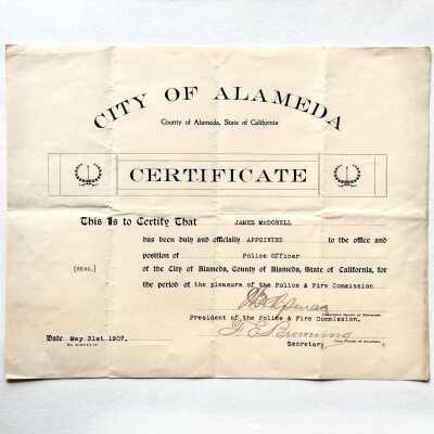 Certificate appointment James McDonell as Police Officer, 1907