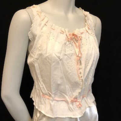 White lawn camisole with pink ribbon closure and embroidery, c. 1920s