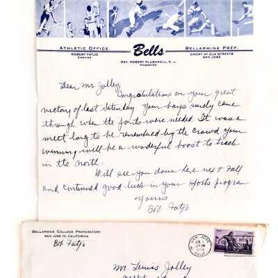 Envelope with letter congratulating Coach Jolley and Track Team, 1954