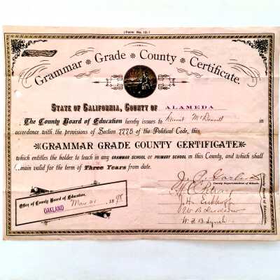 Teaching certificate awarded Harriet McDonell, 1898