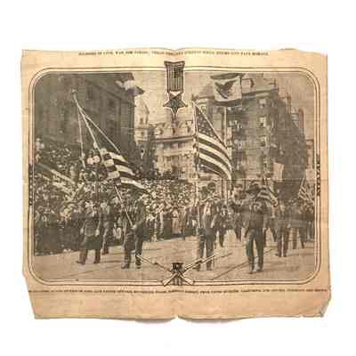 Newspaper clipping with photograph of a parade, before 1978