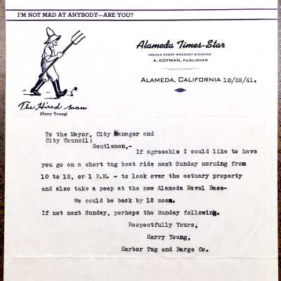 Letter from Harry Young with invitation to tug boat excursion, 1941