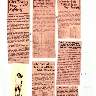 Copy of newspaper clippings about the Alameda Girls Softball Team, 1935