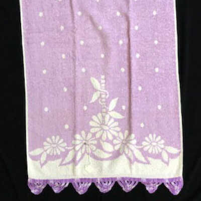 White and lavender terry-cloth towel with hand crocheted fringe