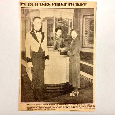 Newspaper photo first ticket Vogue Theatre second year, late 1930s