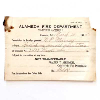 Fire Department permit to burn rubbish issued to W.F. Murray, 1925