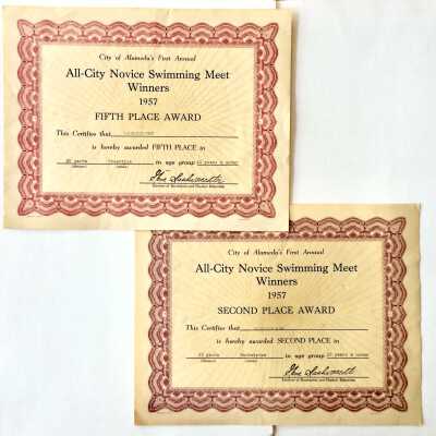 Certificates awarded to Elizabeth (Anne) Fenn for swimming, 1957