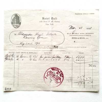 Receipt from Hotel Taft, NYC, for AHS Rowing Team, 1938