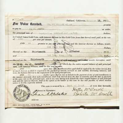 Receipt from Alameda Title Insurance Company for a loan by Hattie and Roberta McDonell, 1926