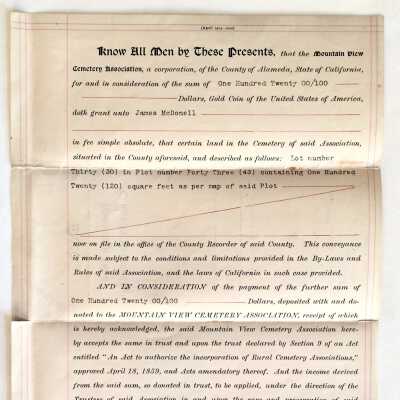 Deed to Burial Plot in Mountain View Cemetery, 1904