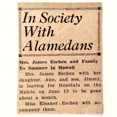 Society section Clipping about Mrs. James Eachens and family, prior 2004