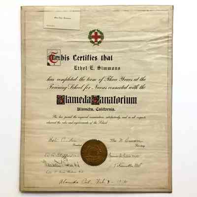 Nursing Certificate Alameda Sanatorium, 1911