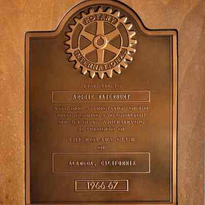 Plaque presented Archie Waterbury, ex-president Rotary Club, 1966-1967