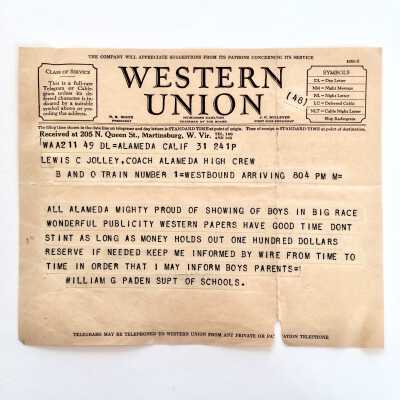 Telegram from William J. Paden Congratulating AHS Rowing Team, 1938