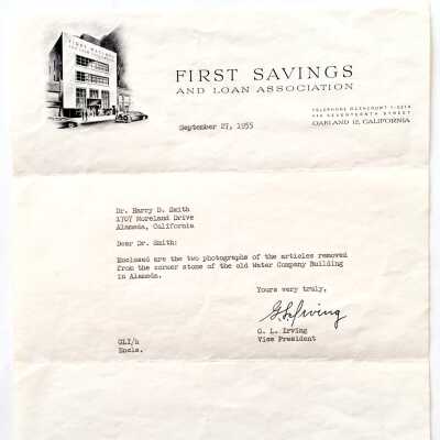 Letter about articles removed from Water Company Cornerstone box, 1955