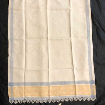 Blue and gold linen damask guest towel, with crochet work, early 1900s