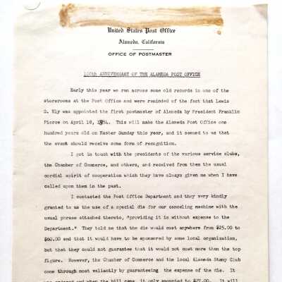 Report Hundredth Anniversary of Alameda Post Office', c. 1954