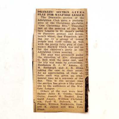 Clipping about Adelphian Club 'Dramatic Section gives play for Welfare League', prior 2003