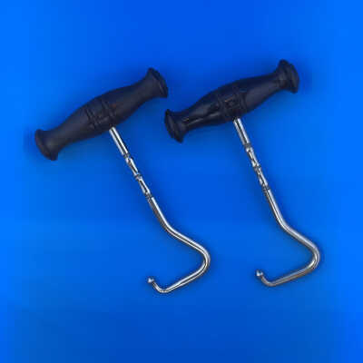 Nickel plated wooden handled boot hooks, early 1900s
