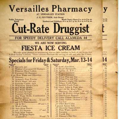 Flyers from the Versailles Pharmacy, Cut-rate Druggists, c. early 1920s