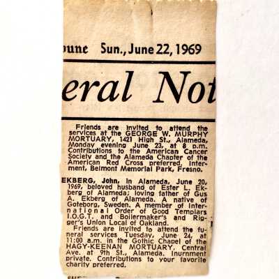 Obituary of John Ekberg, 1969