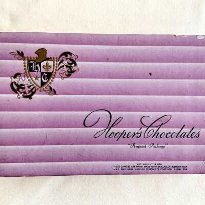 Hooper's Chocolates candy box of Mr. & Mrs. Cox, c. 1950