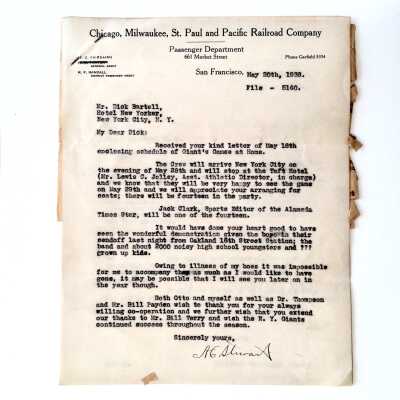 Letter to Dick Bartell about a planned trip by Coach Jolley and team to NYC, 1938