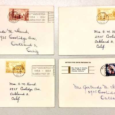 Envelopes stamped for 100th anniversary of the Alameda Post Office, 1954